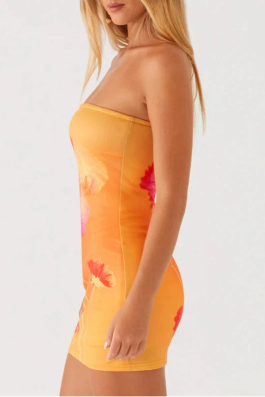 orange flower bandeau min dress