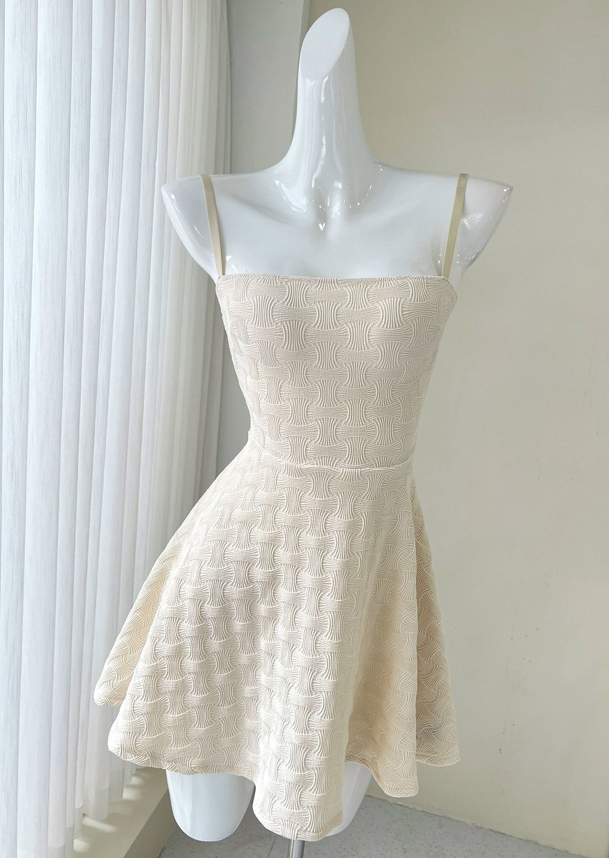 apricot off-shoulder cinched waist A-line mini dress