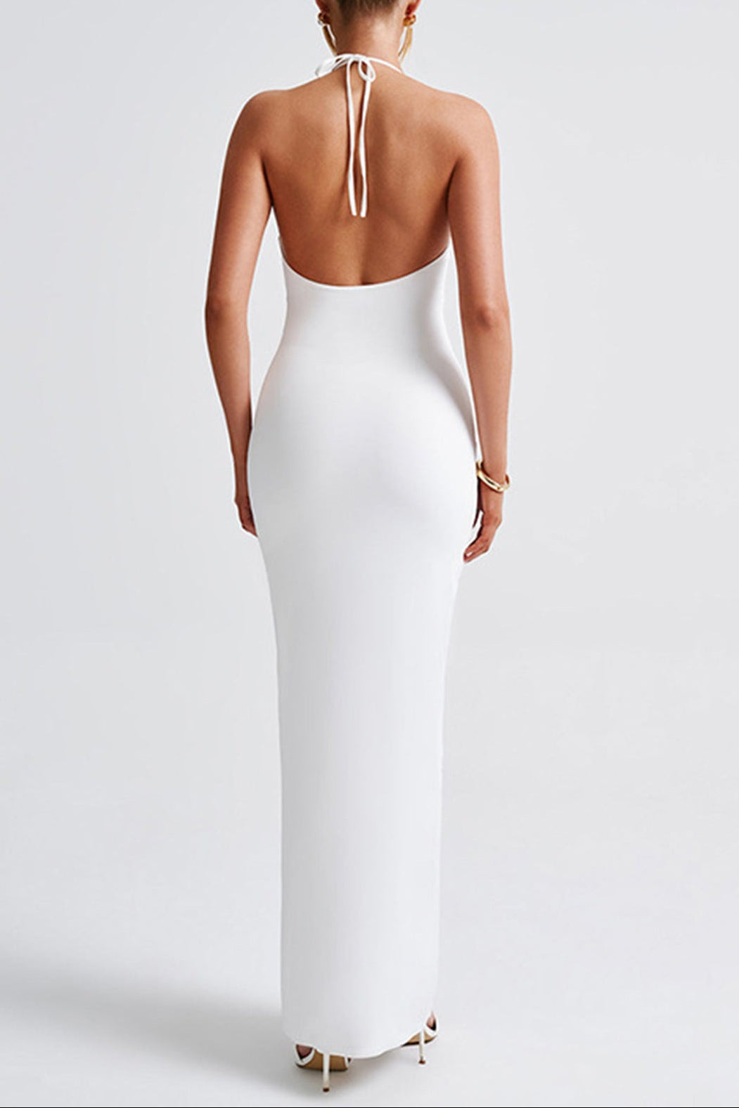 riva white Backless slit halter maxi dress