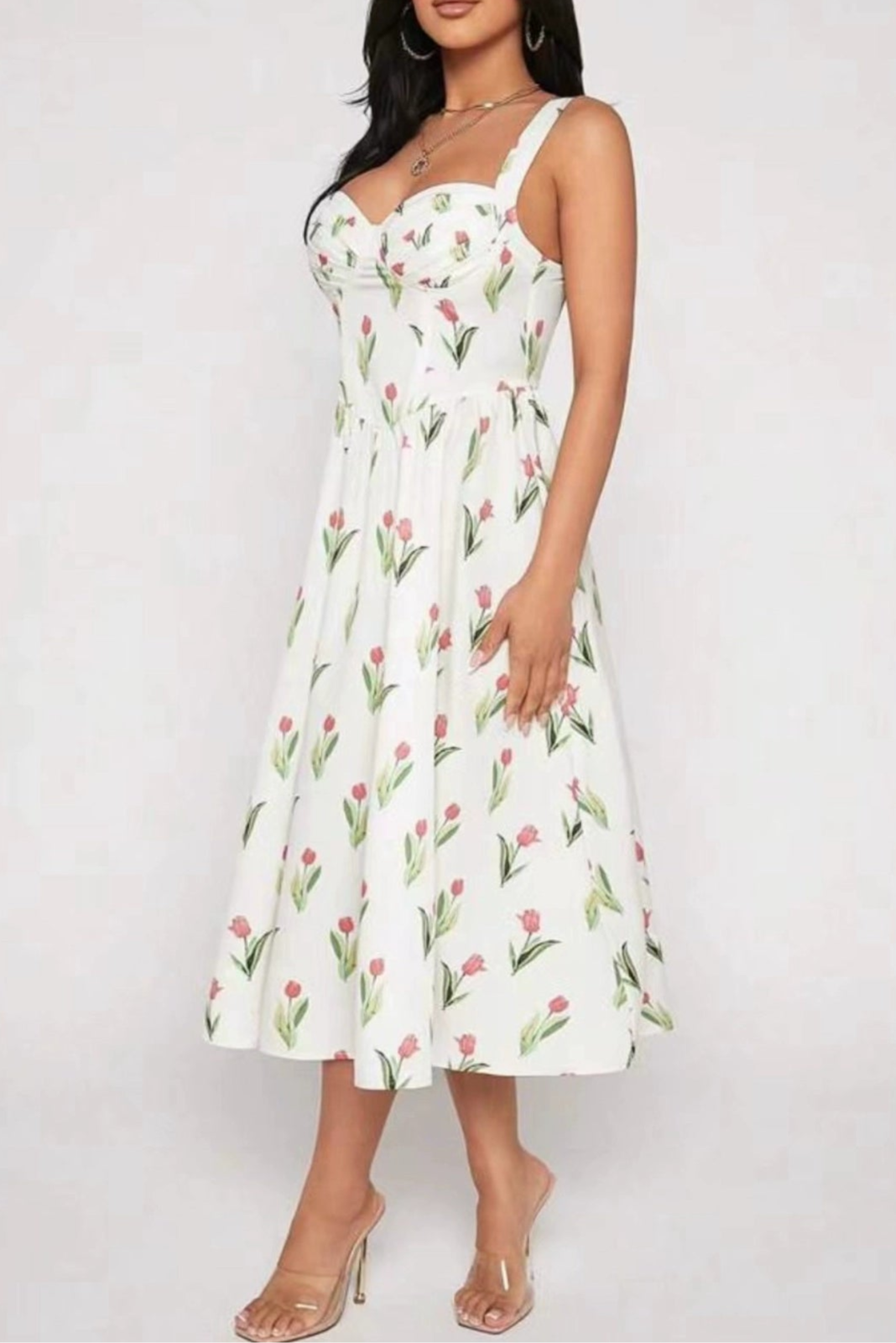 vintage tulip print slip midi dress