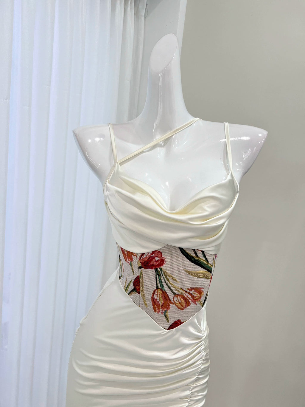 white print satin suspenders dress