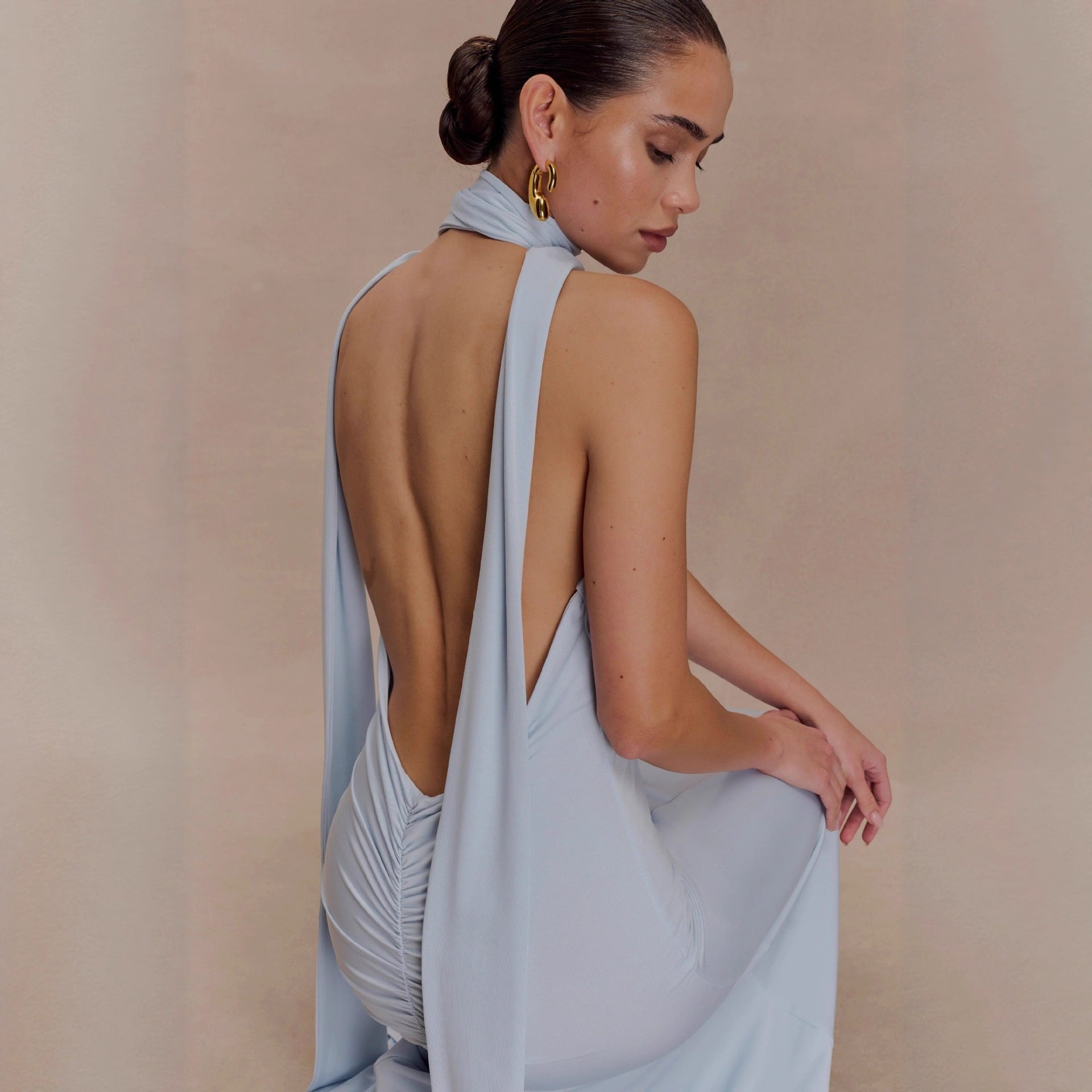 deep V-neck streamer halterneck  pleated open back dress