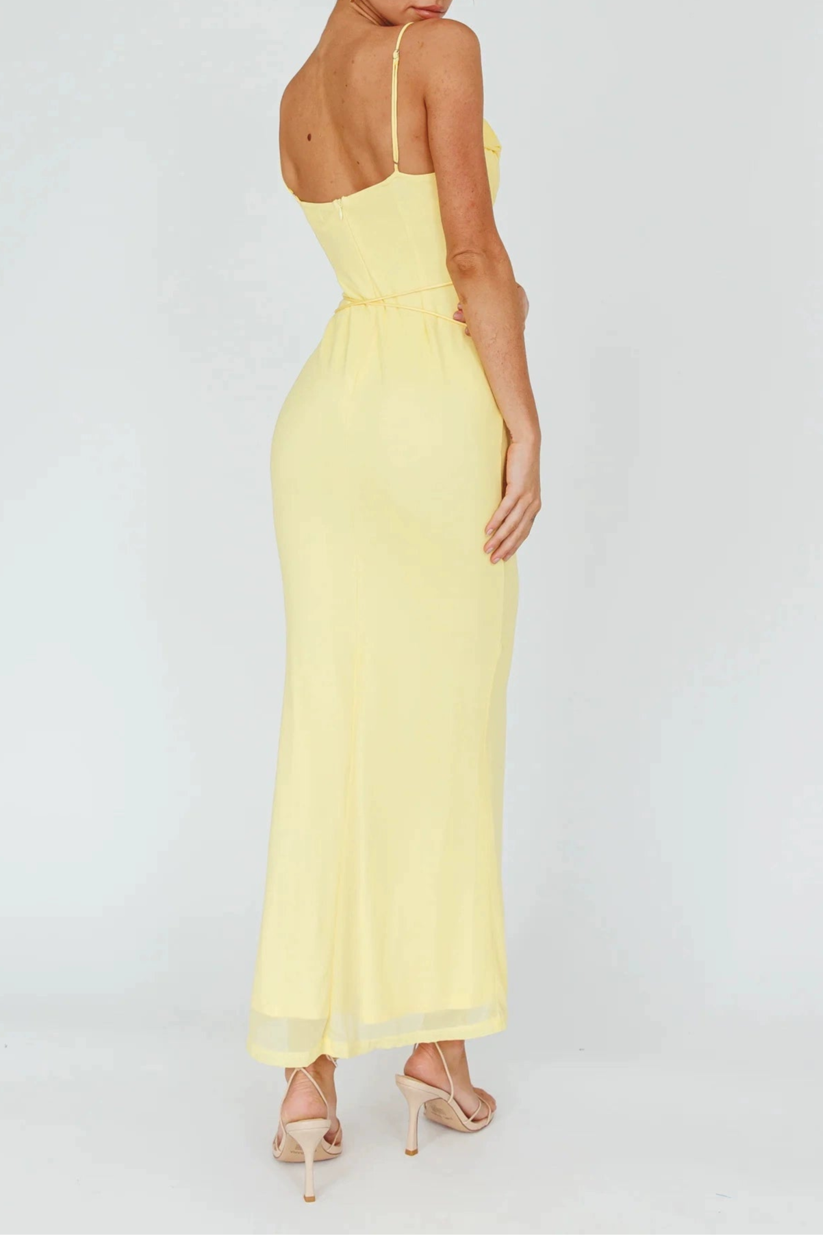 yellow mesh cross-strap suspender midi dress