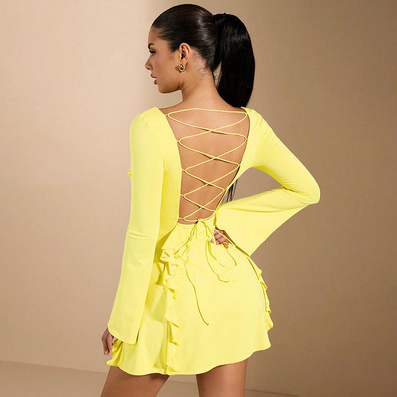 yellow long sleeve 3D lace bodycon dress