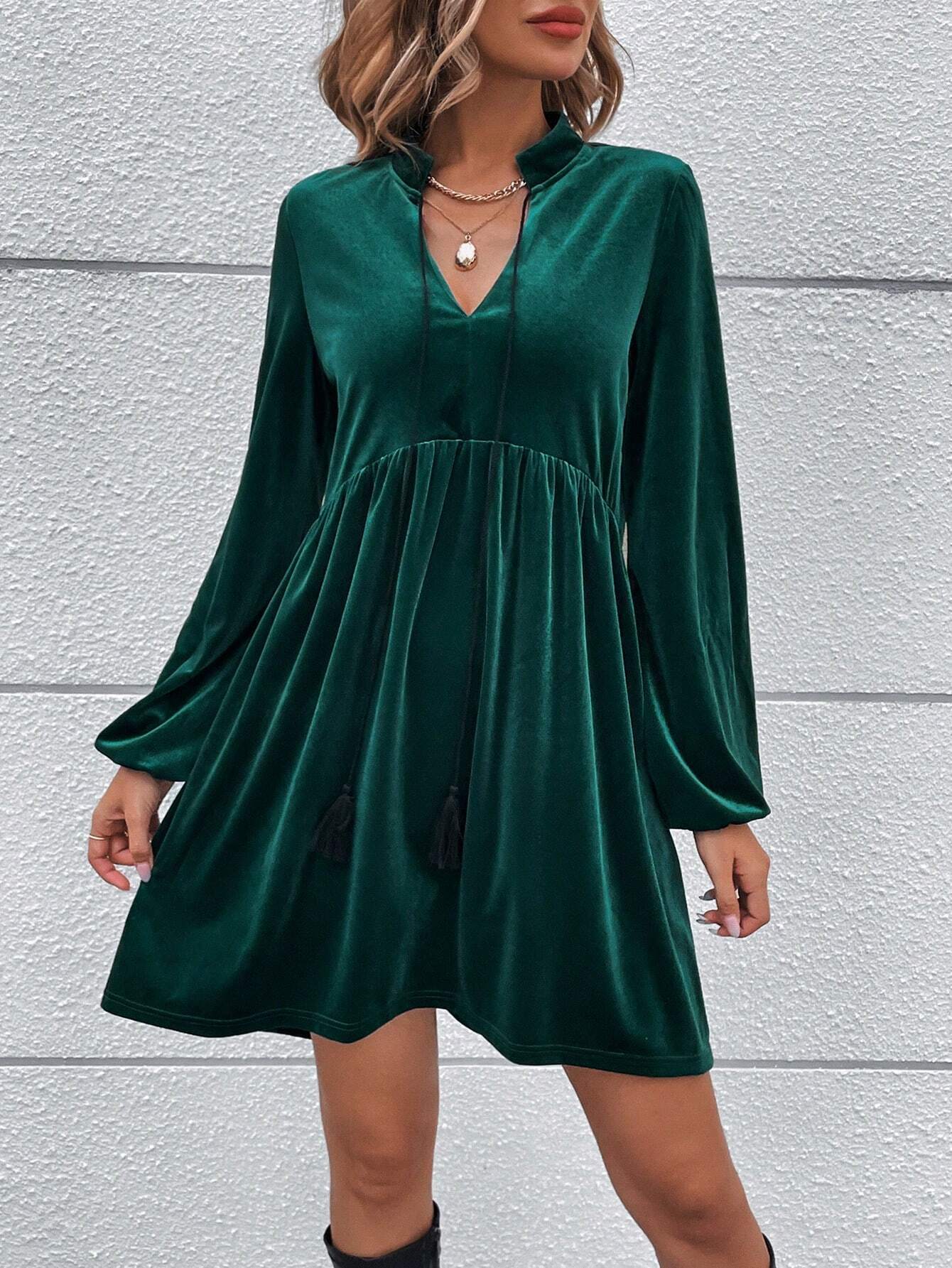 green puff sleeve velvet mini dress