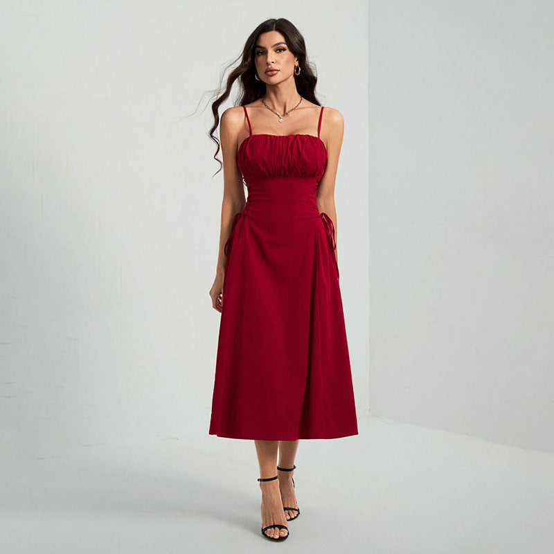 red Tie-up sleeveless suspender dress
