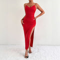 red V-neck backless slit halter dress