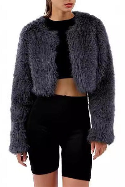faux fur coat long sleeve collarless jacket