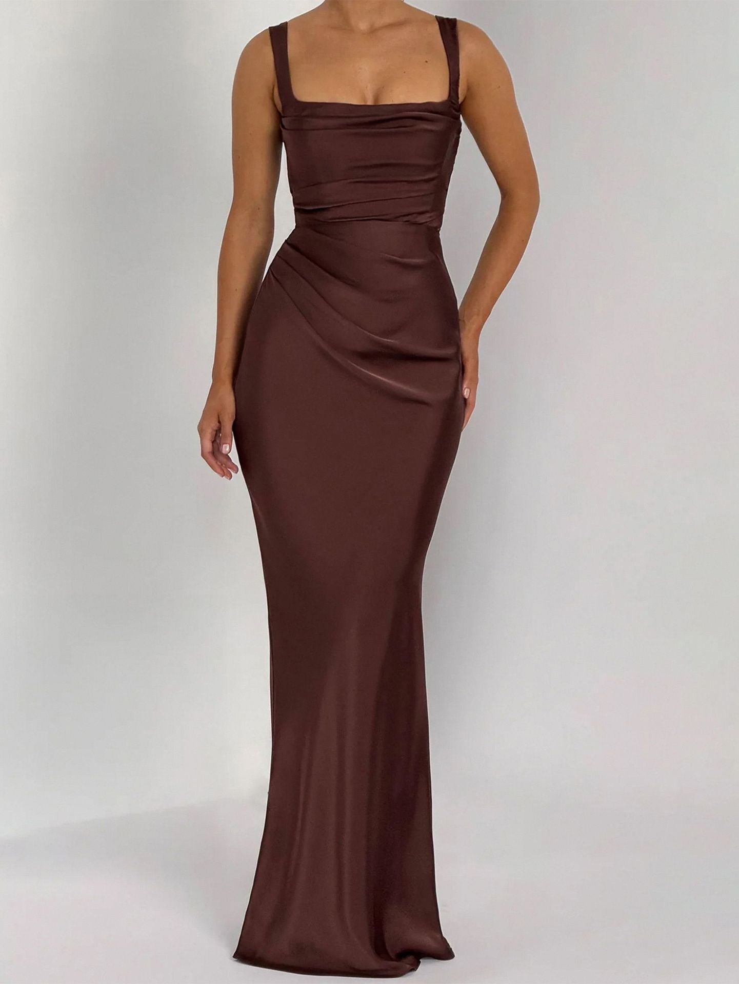 brown suspender hip maxi dress