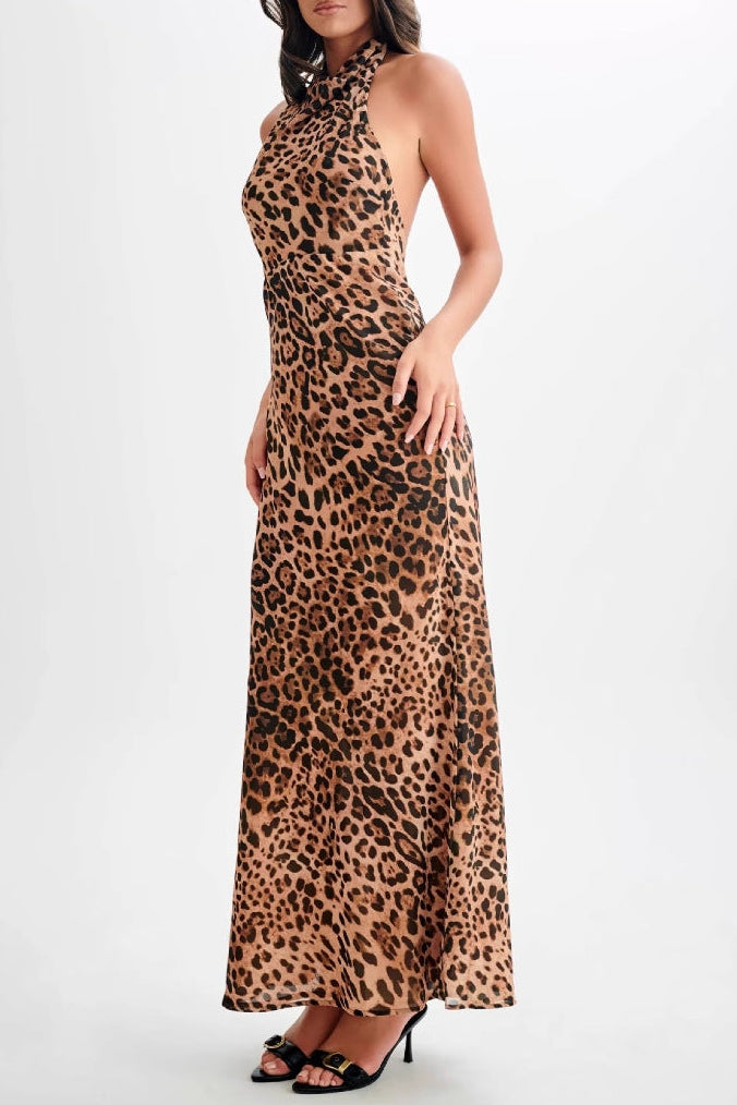 Backless halter neck leopard print dress