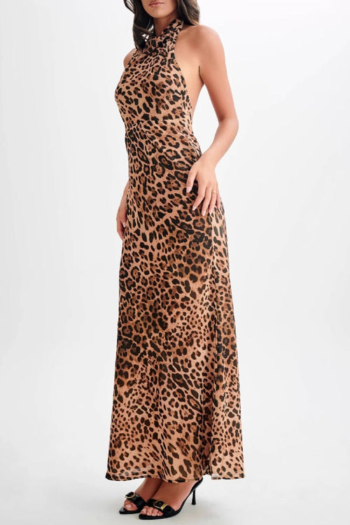Backless halter neck leopard print dress