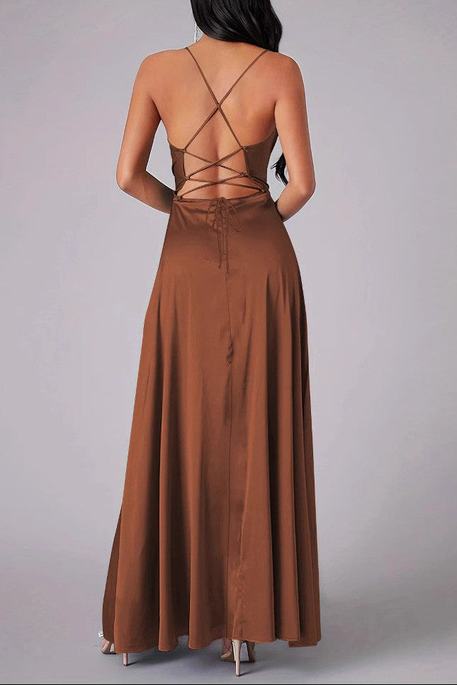Spaghetti strap slit fitted backless dress