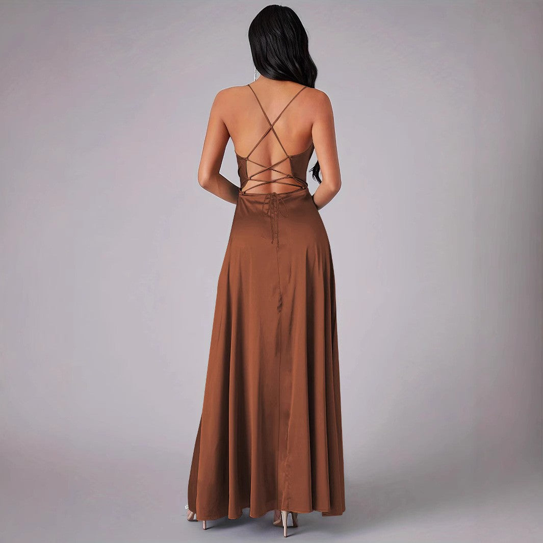 brown Slit-front fitted backless slip dress