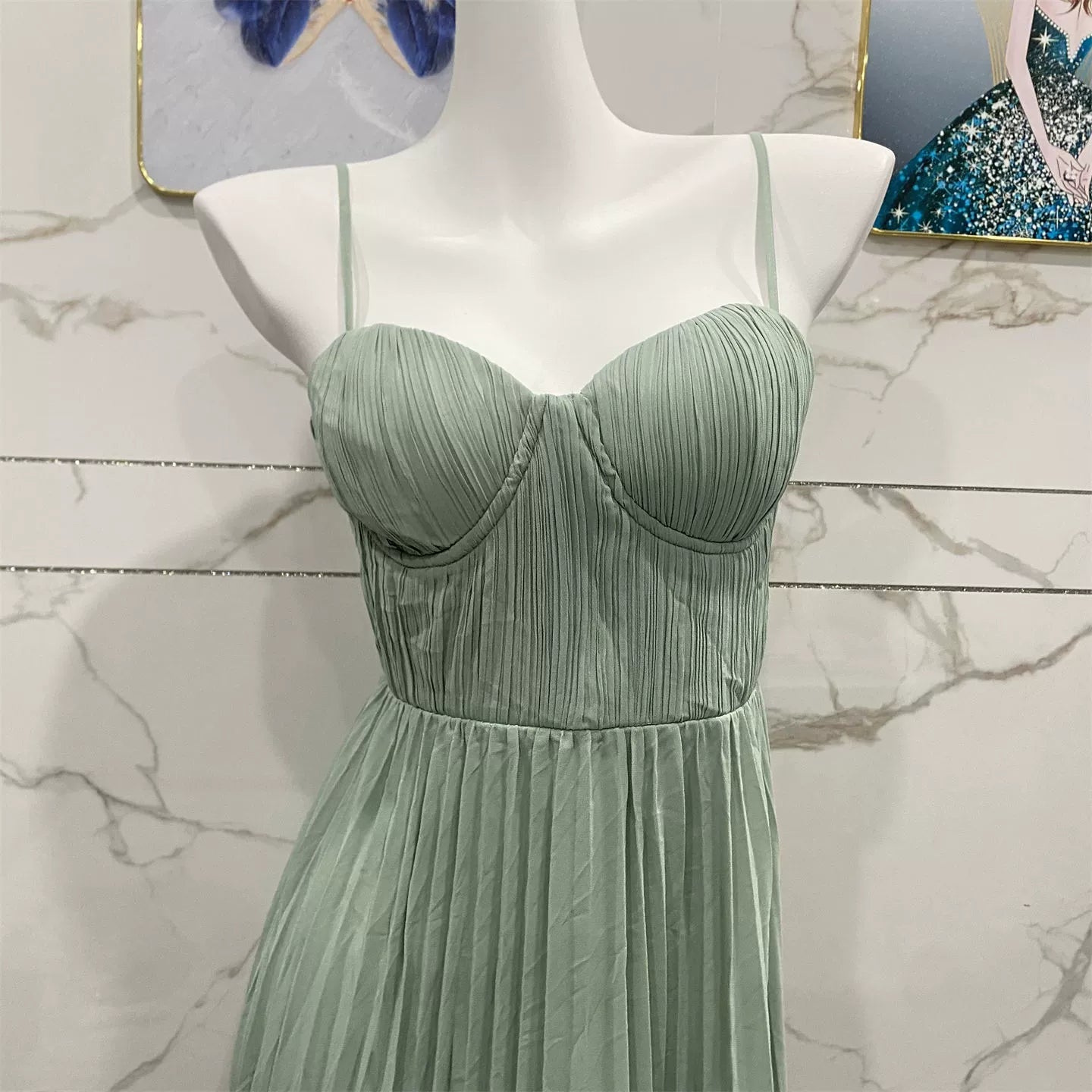 suspender open back pleated chiffon dress