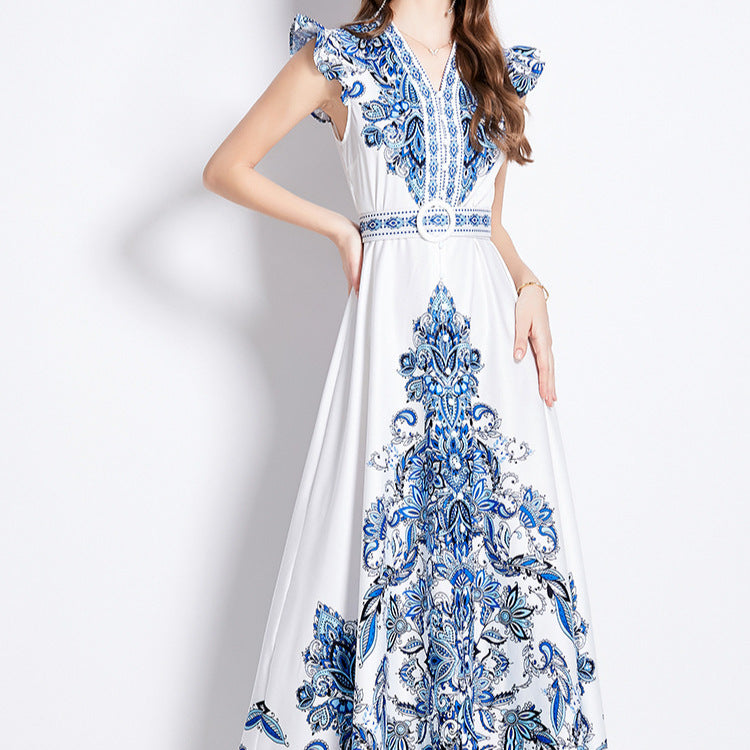 Printed V-neck lantern sleeve single-breasted dress