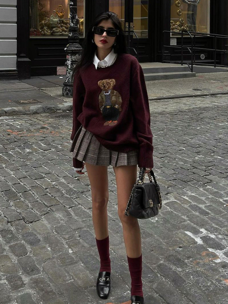 Burgundy retro bear embroidery loose pullover sweater
