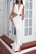 white Cutout Knot Slit V-Neck Sleeveless Pleated Irregular Dress