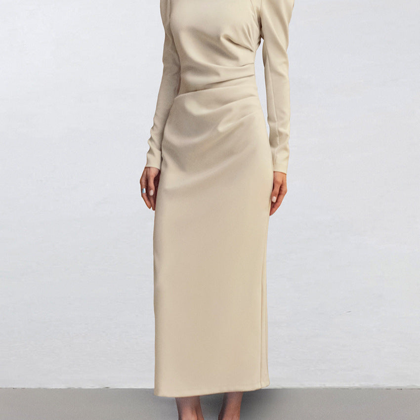 Irregular neckline puff sleeve bodycon slit dress