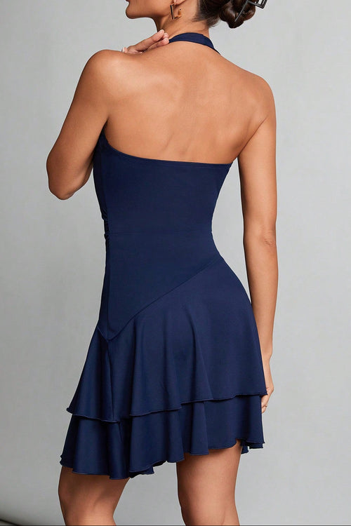blue halter neck backless ruffle mini dress