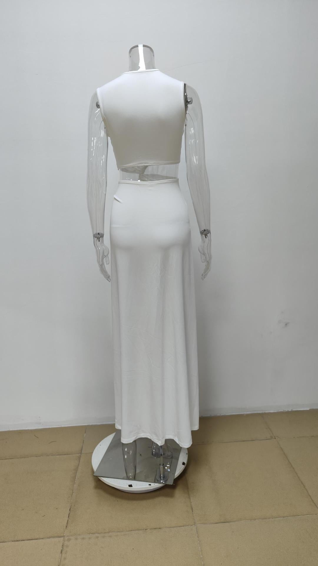 white Cutout Knot Slit V-Neck Sleeveless Pleated Irregular Dress