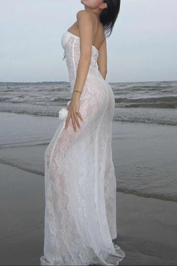 letitia white Lace strapless 3D floral mermaid dress