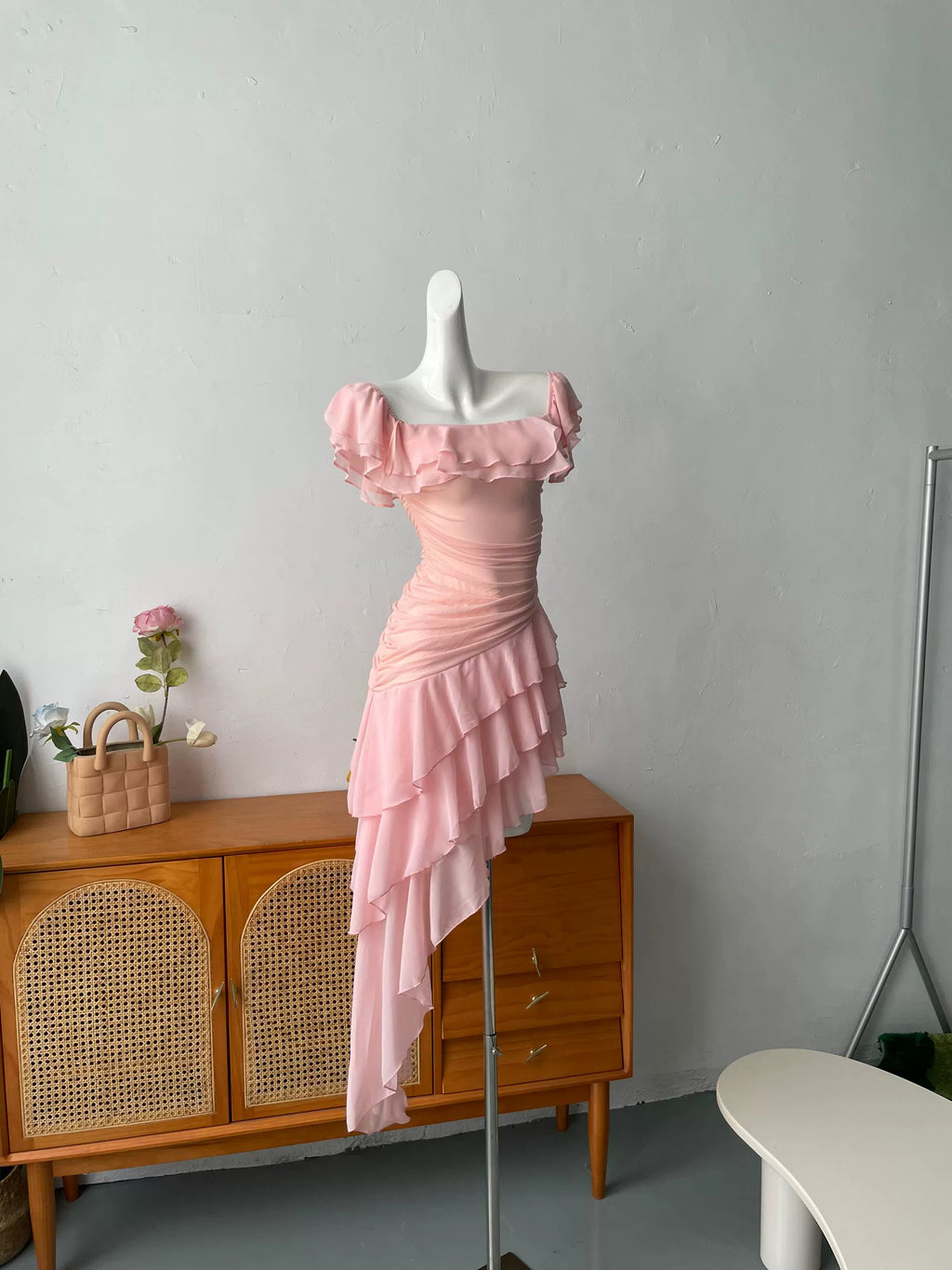 pink ruffle one shoulder mini dress