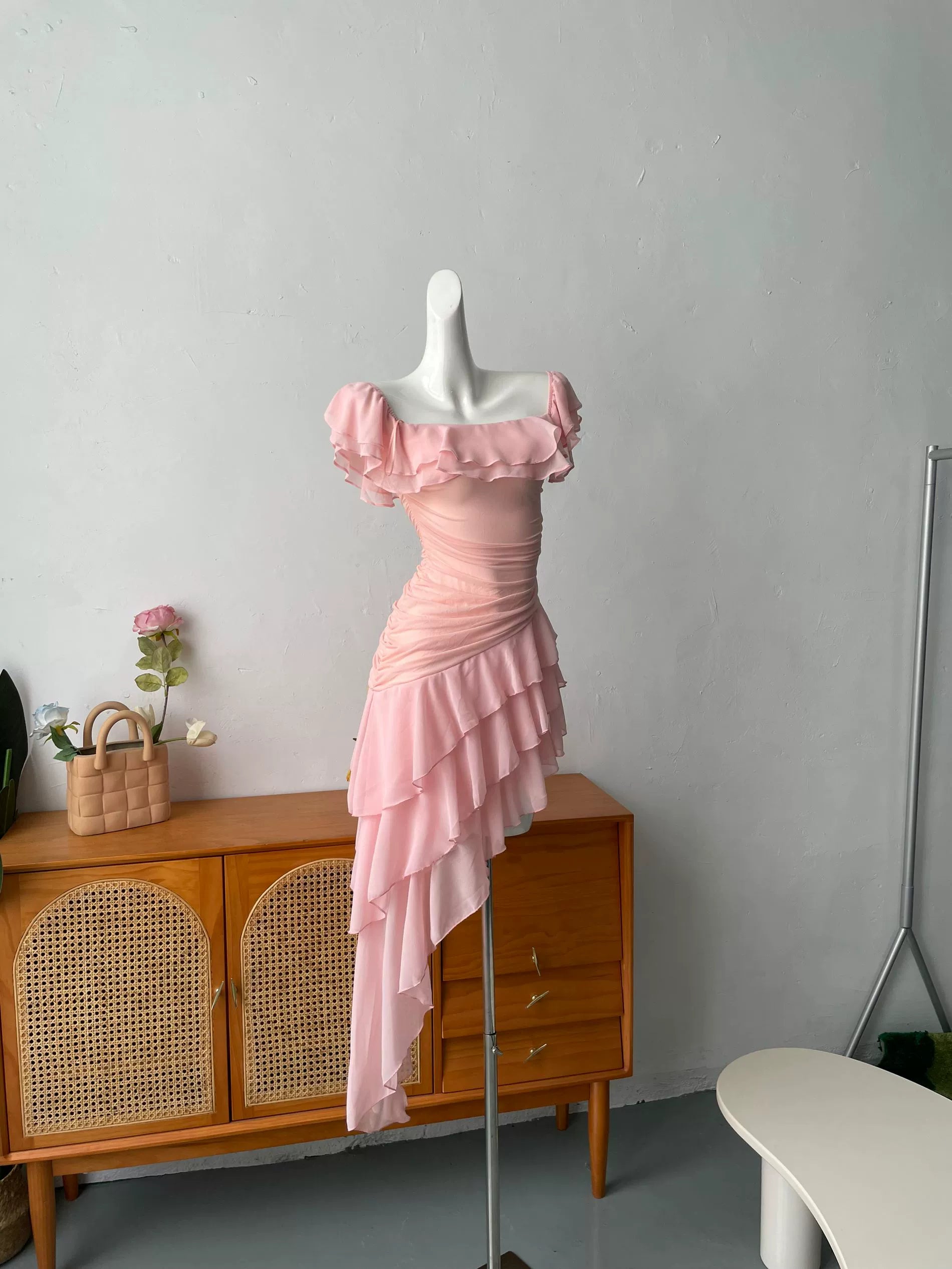 pink ruffle one shoulder mini dress