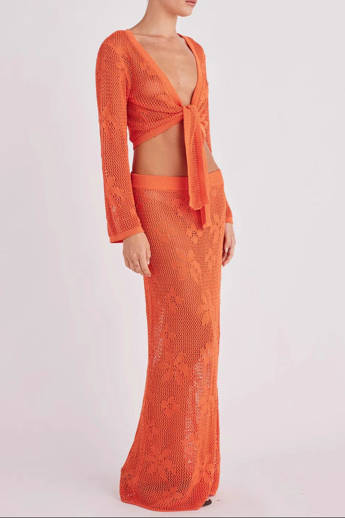 orange Hollow-out long-sleeved knitted two-piece skirt set