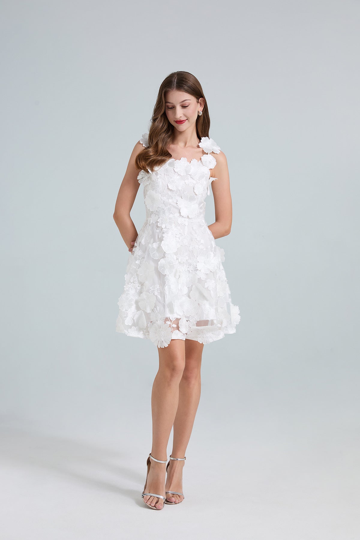 georgia 3d Floral Lace mini Dress in white