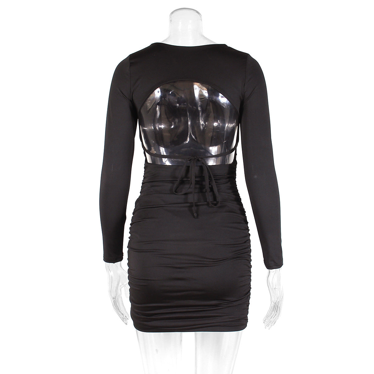 Long-sleeved round neck backless tie-up bodycon dress