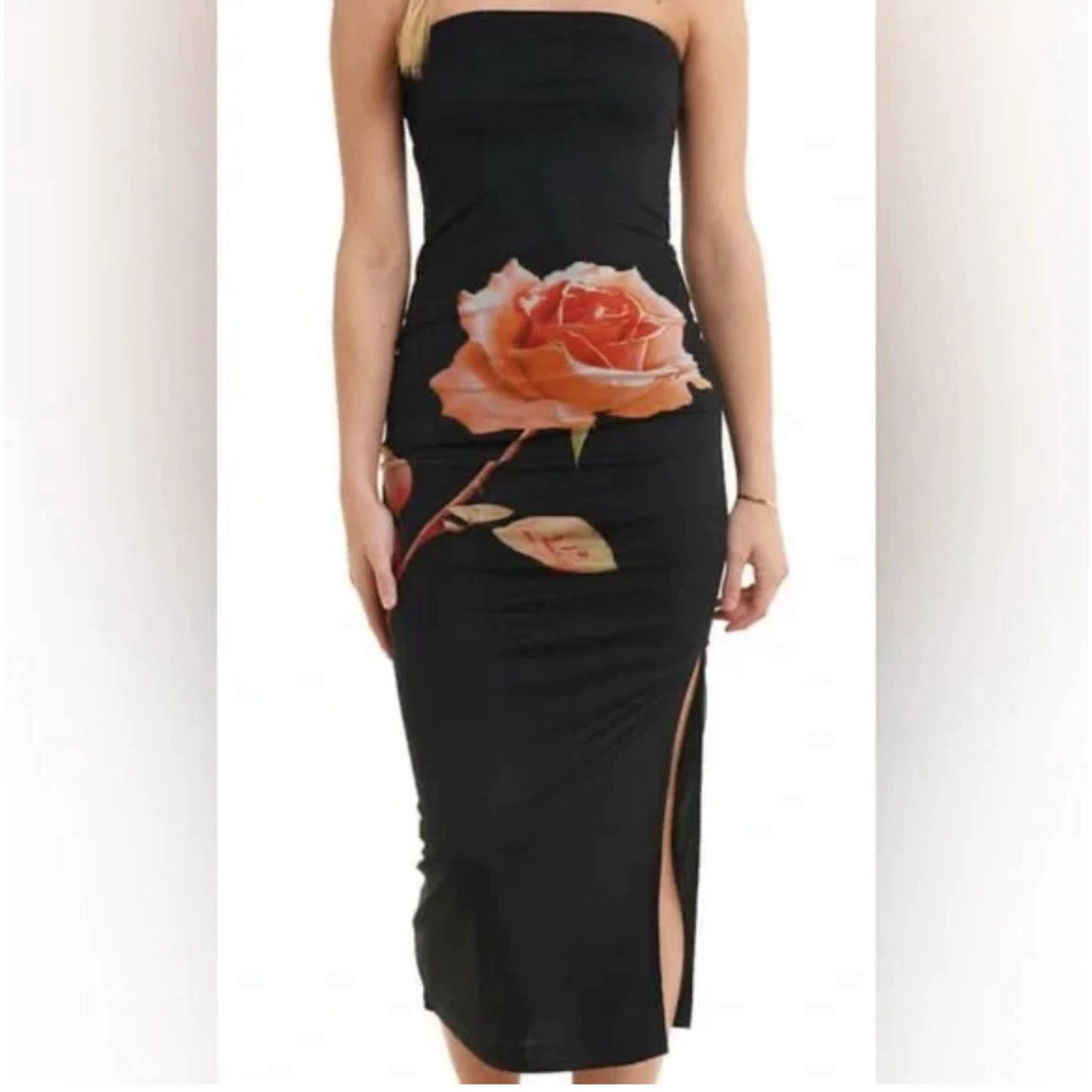 Mesh Print Slit Strapless Stretch Dress