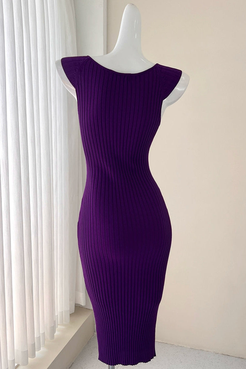 purple sleeveless knitted base V-neck midi dress