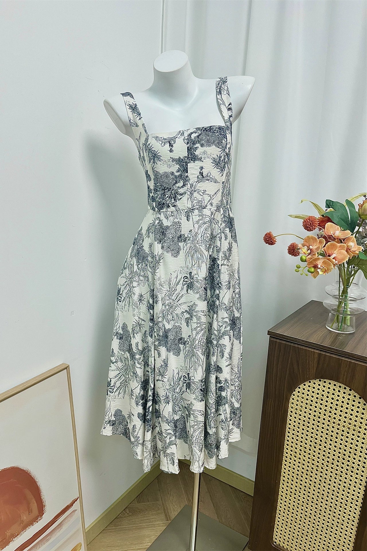 two-tone forest print square neck slip dress