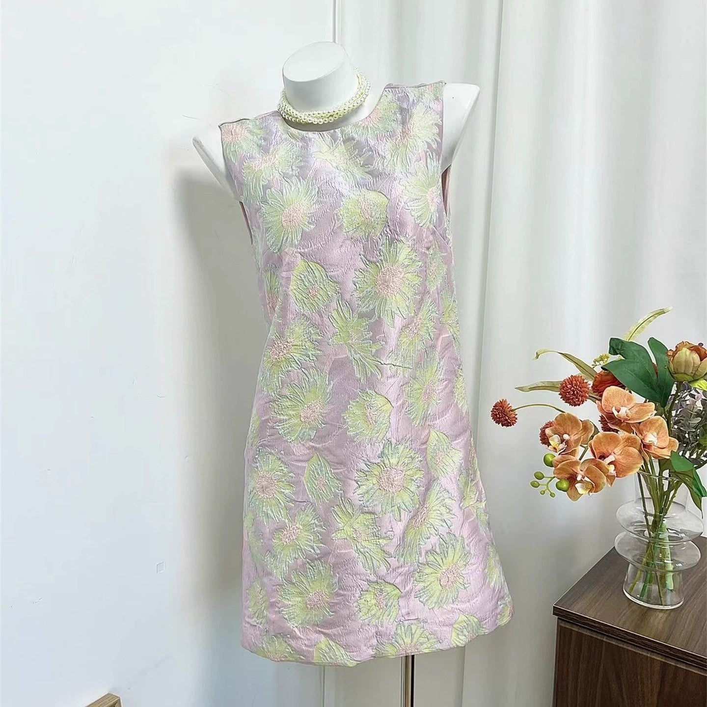 light purple printed open back bow loose dress