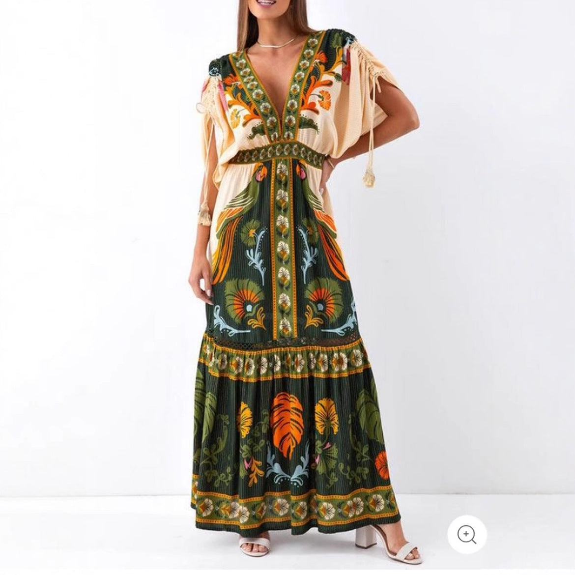 V-neck printed linen maxi dress