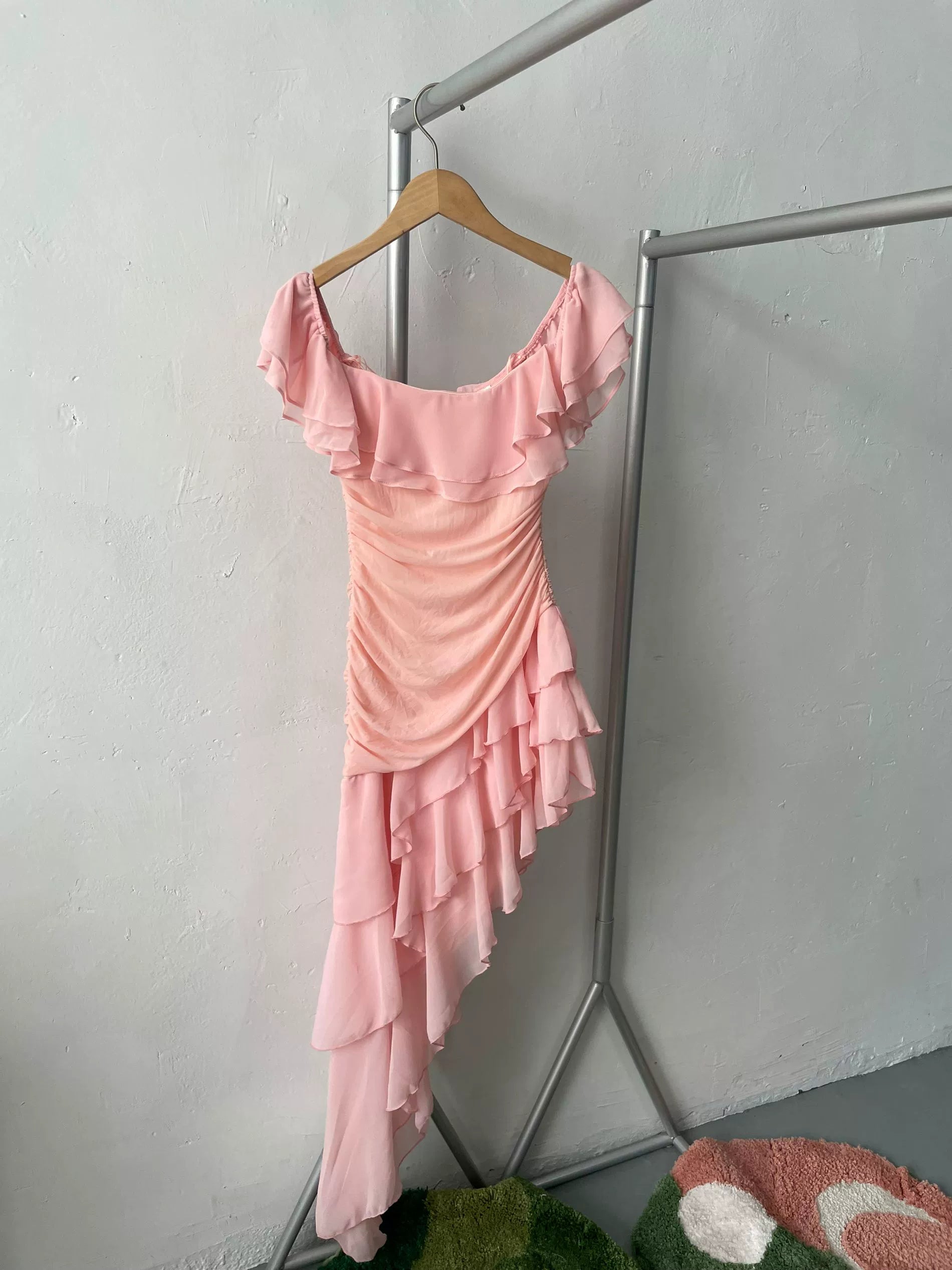 pink ruffle one shoulder mini dress