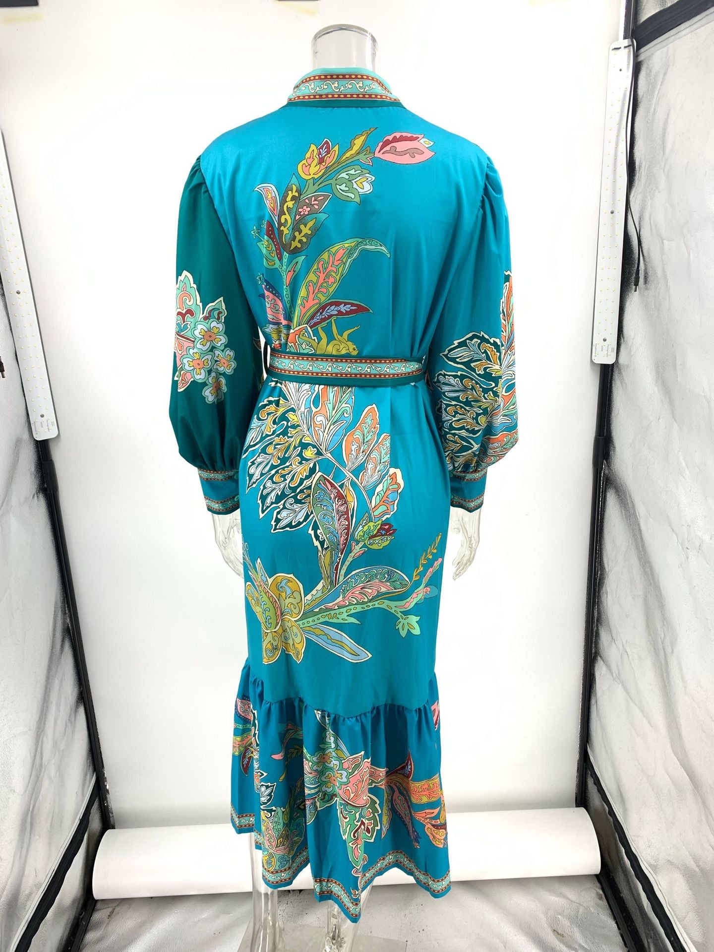 Collared lantern sleeve long-sleeved printed dress