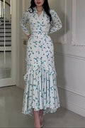 blue long sleeve Floral Ruffle maxi Dress