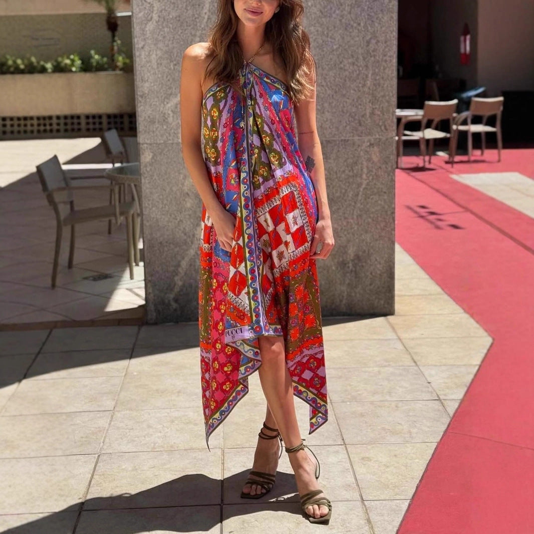 Printed satin backless halter neck dress