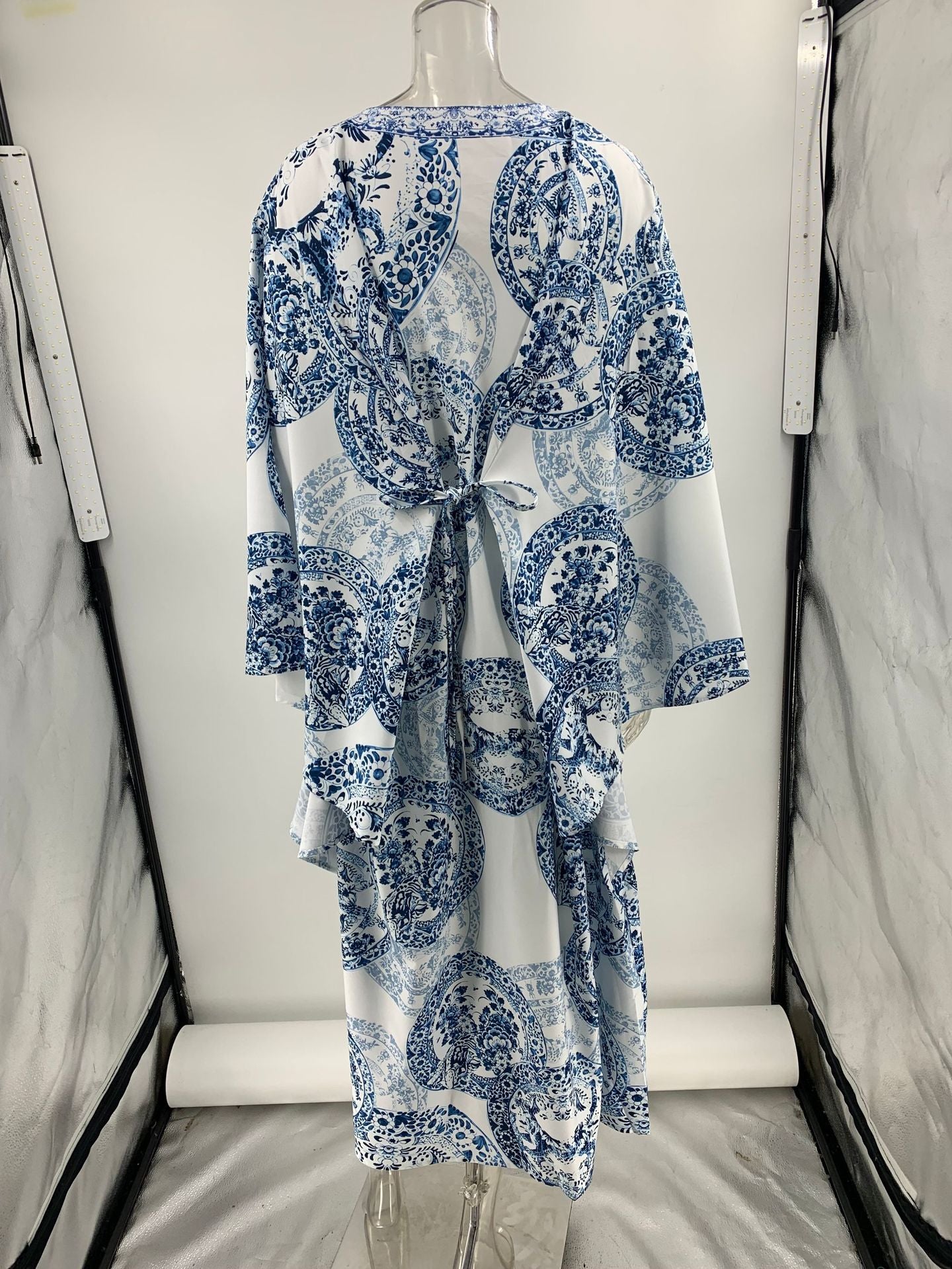 Blue and white porcelain print V-neck dress