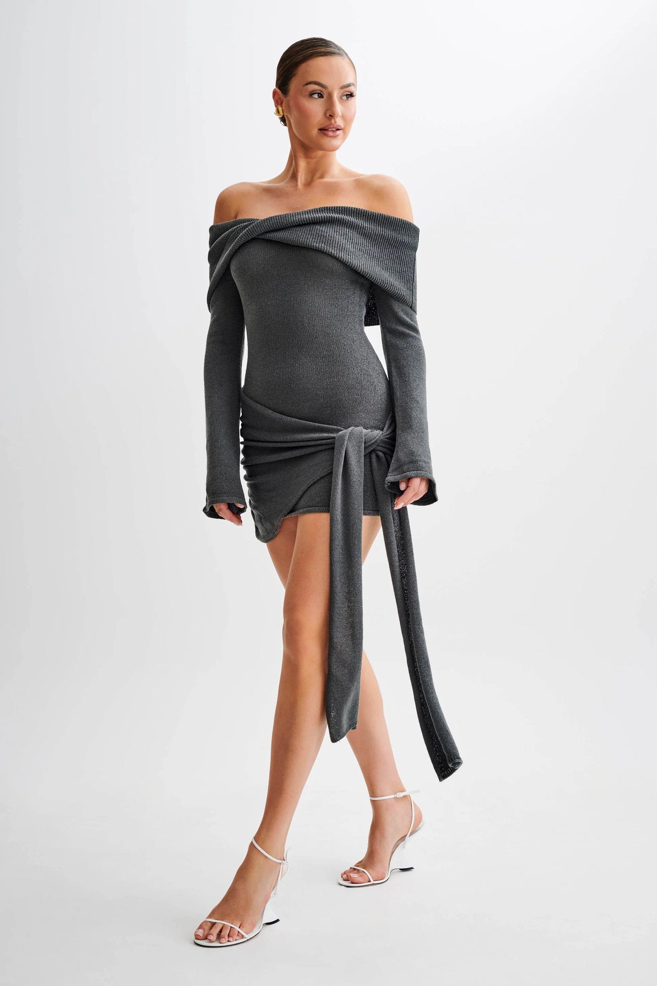 grey Off-the-shoulder long-sleeved knitted mini dress