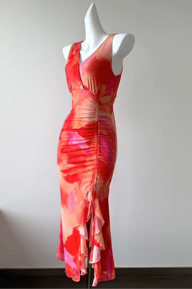 V-neck Sleeveless Off-shoulder Wavy Ruffled Mesh Dress