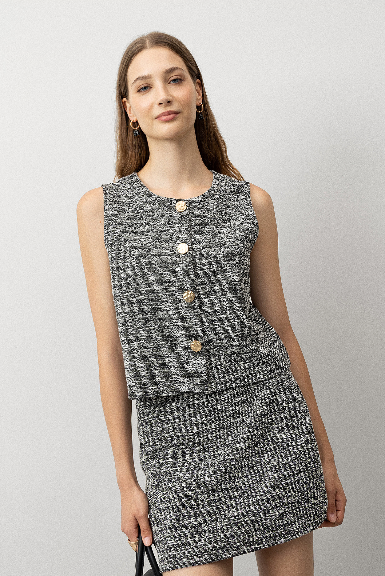mixed silver thread fine glitter gold button vest hip-hugging skirt