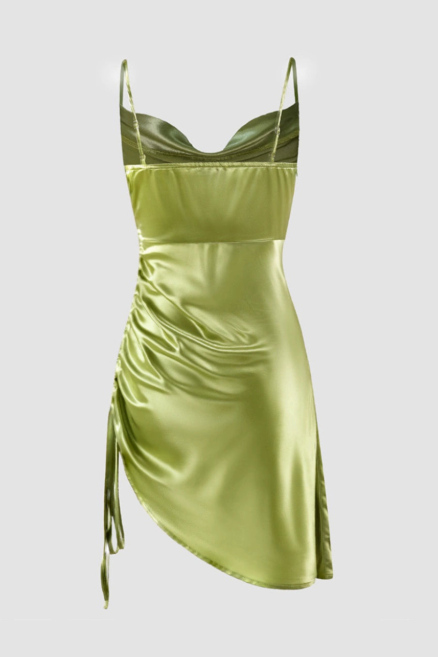 swing collar glossy satin drawstring strap suspender dress