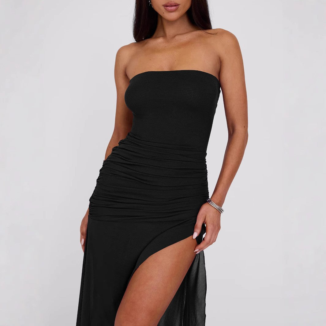 Strapless backless fitted mesh asymmetrical dress