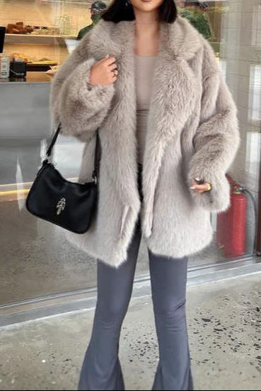 suit collar imitation fur midi length coat
