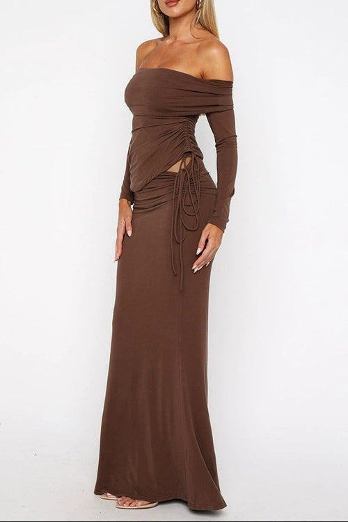 brown Off-the-shoulder drawstring long-sleeved bodycon dress