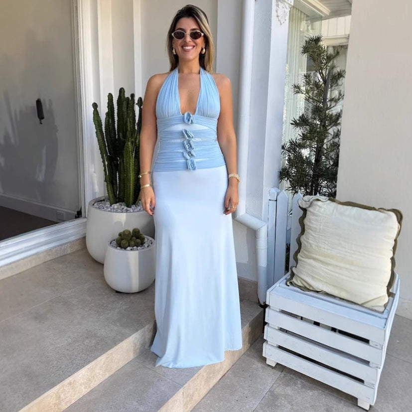 blue Floral backless halter neck tie maxi dress