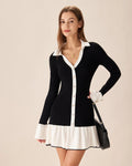 Black and white long-sleeved knitted ruffled mini dress