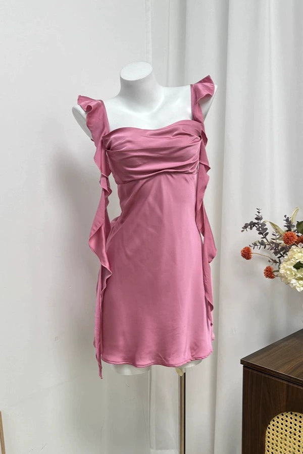 pink square neck backless kelp mini dress
